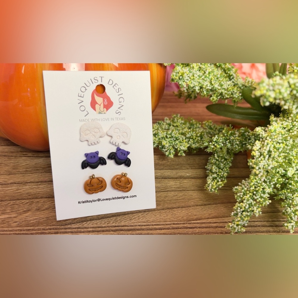 Handmade Halloween Skull Bat Jack O Lantern Earring Stud Trio